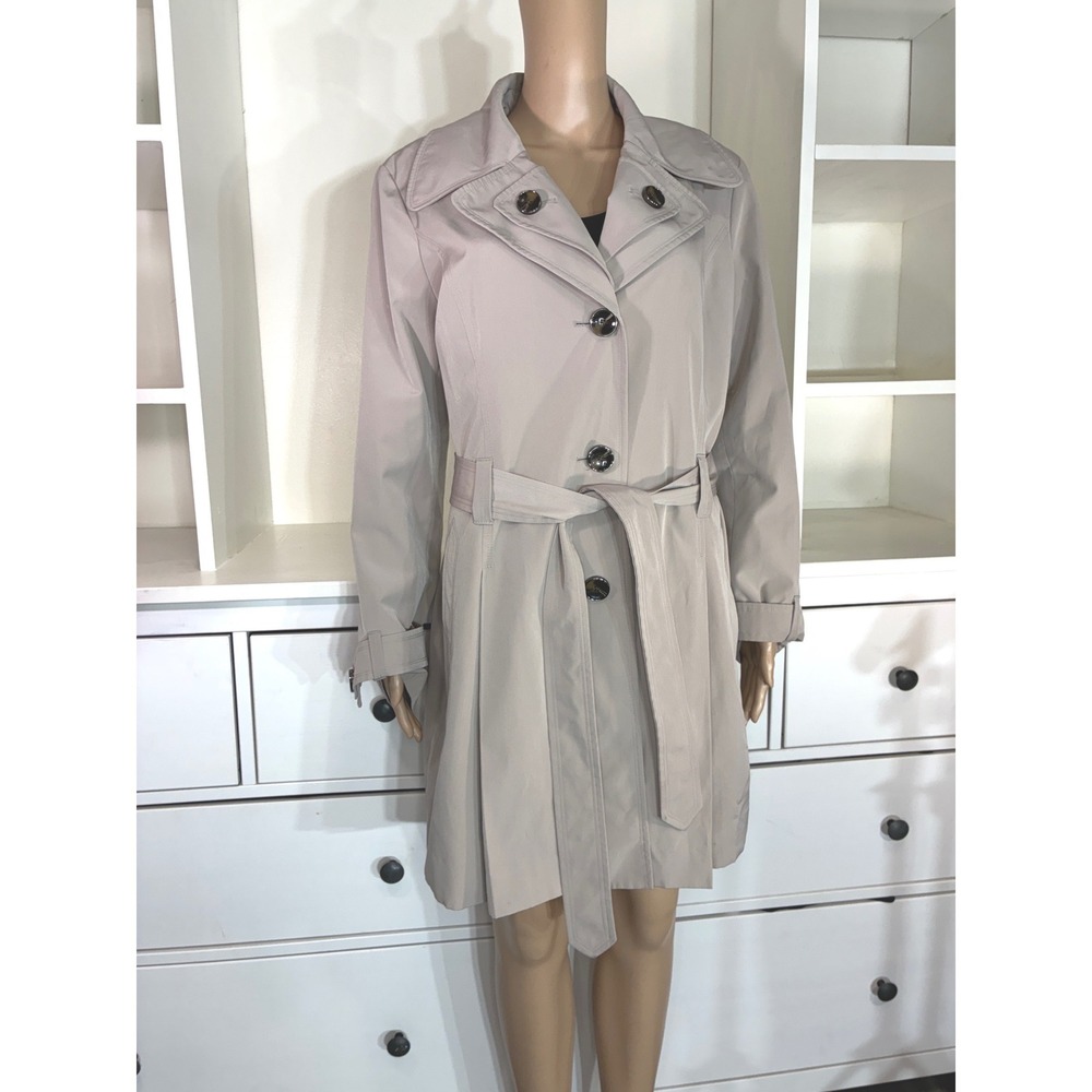 London Fog Trench Coat Women Large Khaki Tan Single Breasted Belted Pleated Back